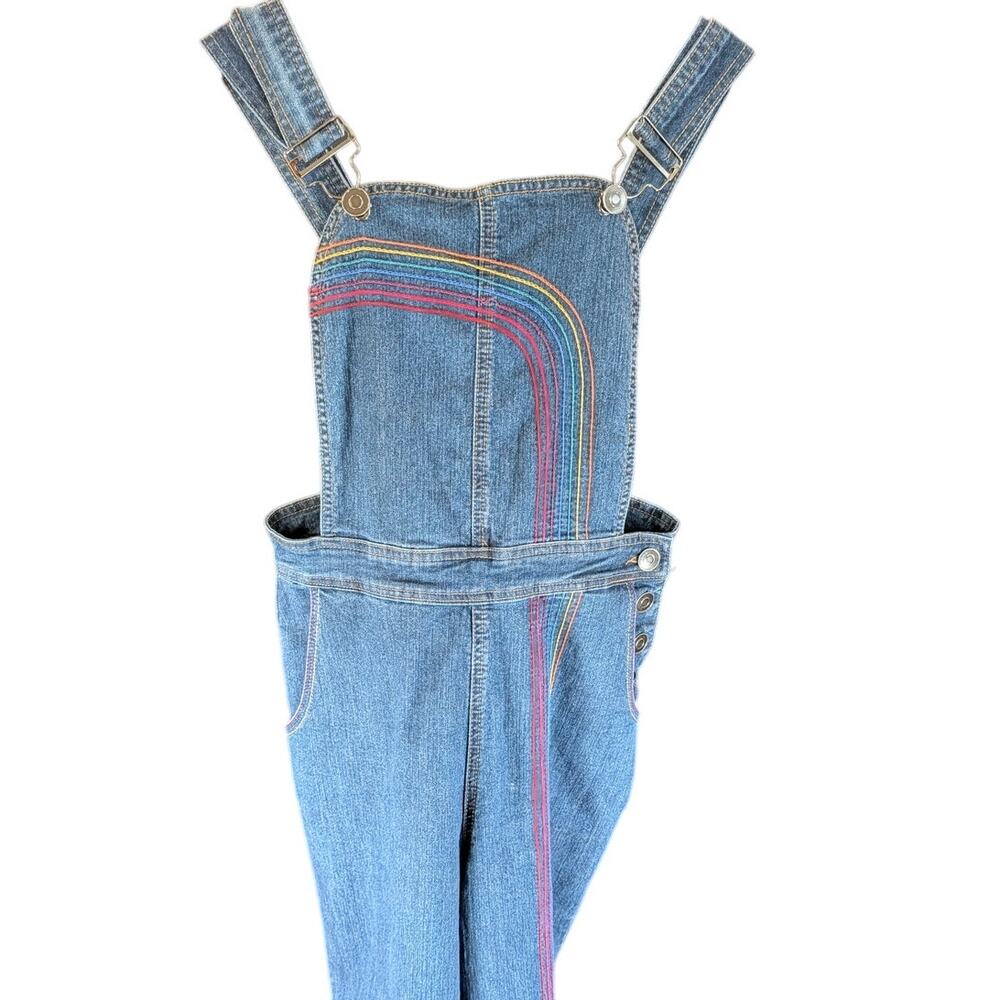 ModCloth Rainbow Stitch Denim Overalls Size 4 Blue Straight Leg Bib Jumpsuit